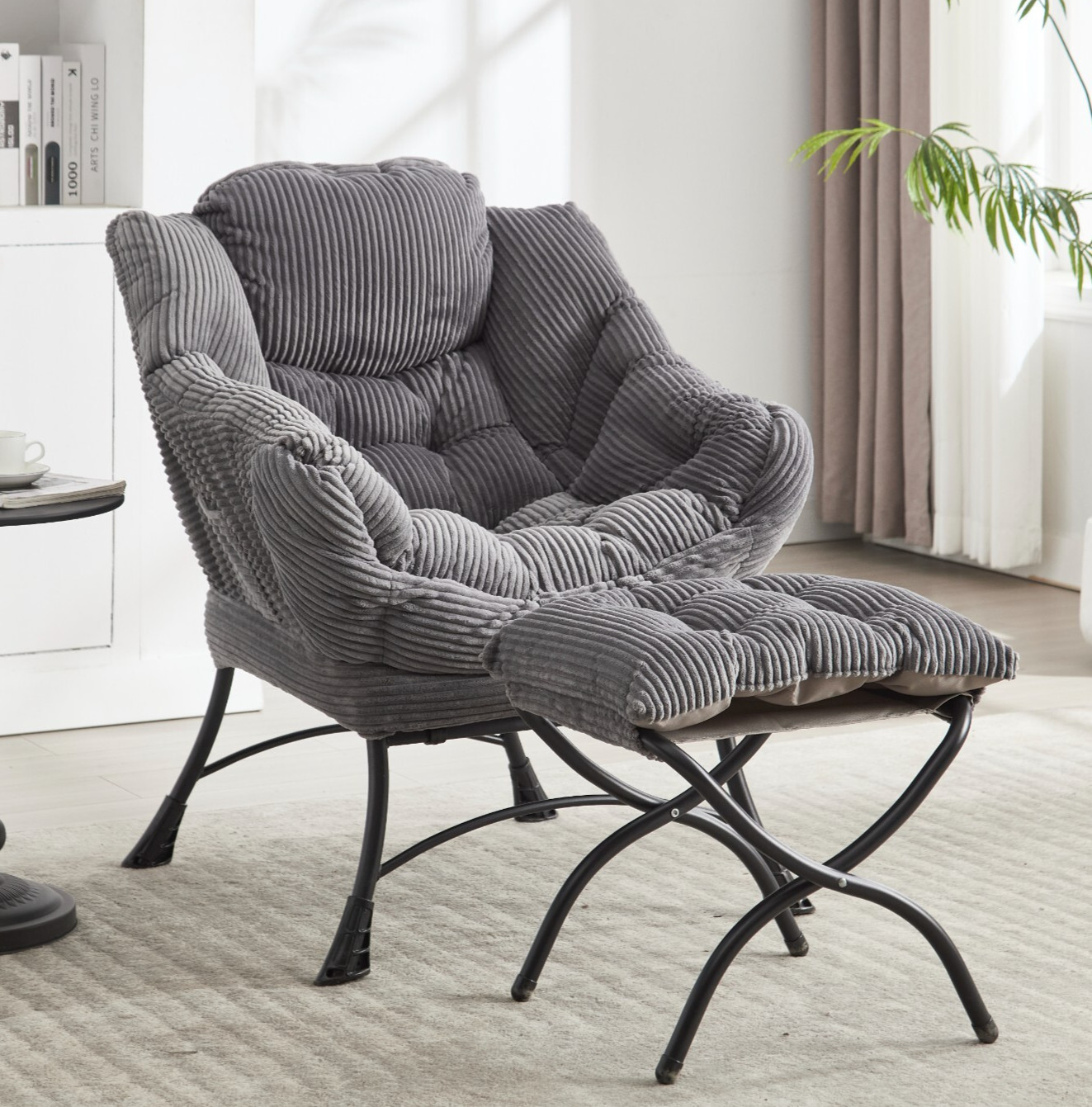 Modern Accent Chair w/ Ottoman Fabric Lounge Lazy Chair Armrest Side Pocket