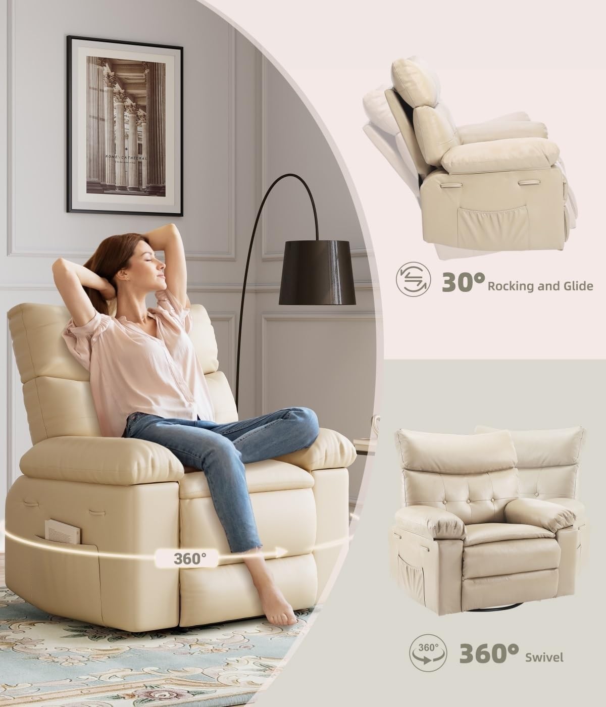 Oversized Manual Massage Recliner Chairs 360° Swivel with Heat 22″ Seat Width
