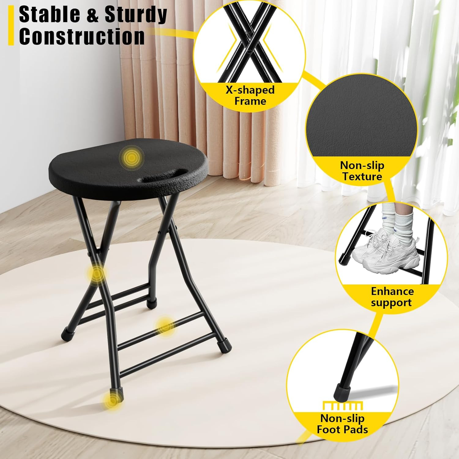 Folding Stool, 18 Inch Foldable Stool with Handle & Steel Frame, Pack of 2 Foldi