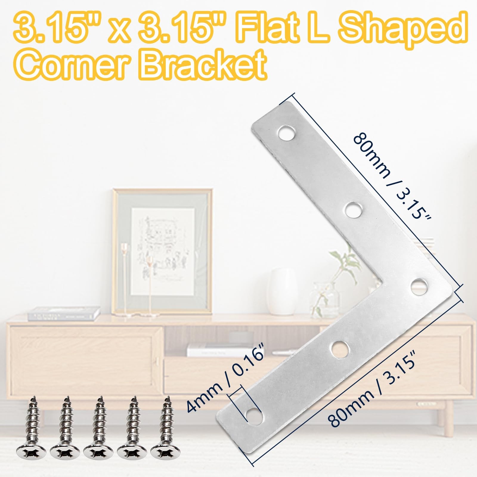 10Pcs Flat L Shape Bracket Corner Brace Shelves,3.15×3.15 inch Stainless Steel R