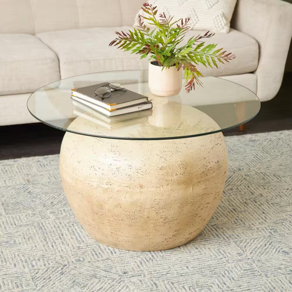 30 In. X 18 In. Beige round Resin Coffee Table with Glass Tabletop