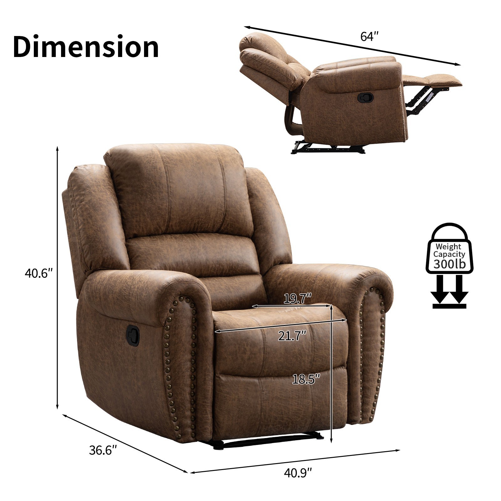 EBELLO Leather Recliner Chair Classic Traditional Manual Recliner with Rivets