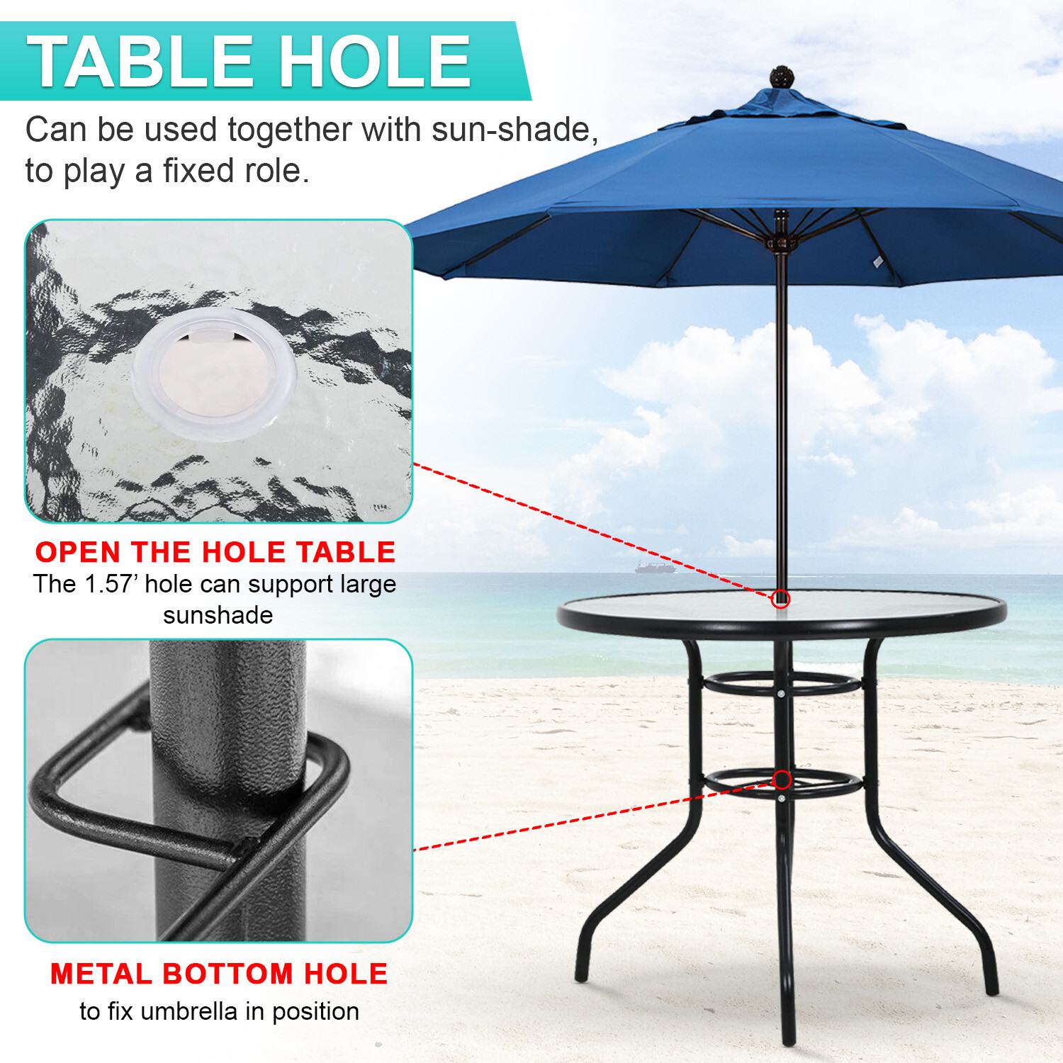 Outdoor Table Patio Table Dining Table with Tempered Glass Umbrella Hole