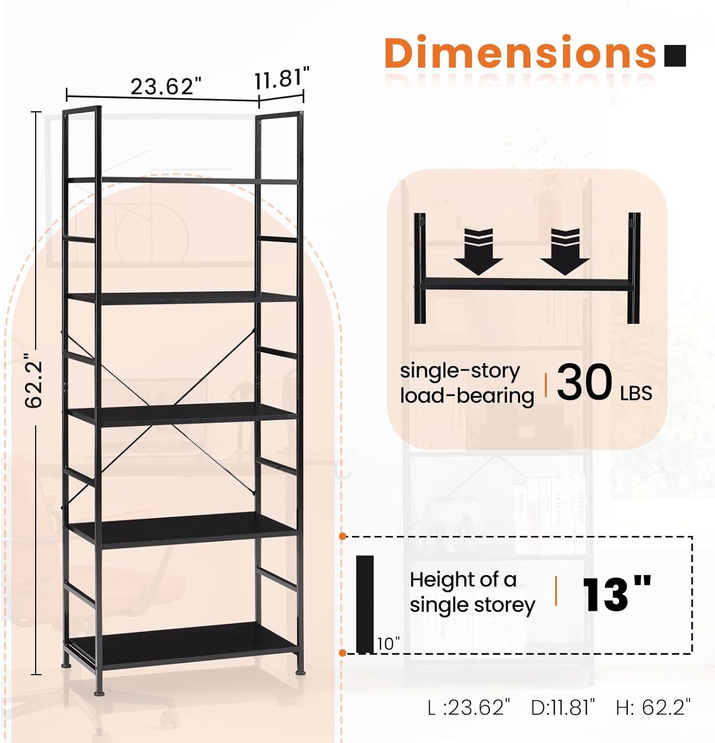 5 Tier Bookcase Shelf Tall Bookshelf Modern Book Case Corner Storage Organizer