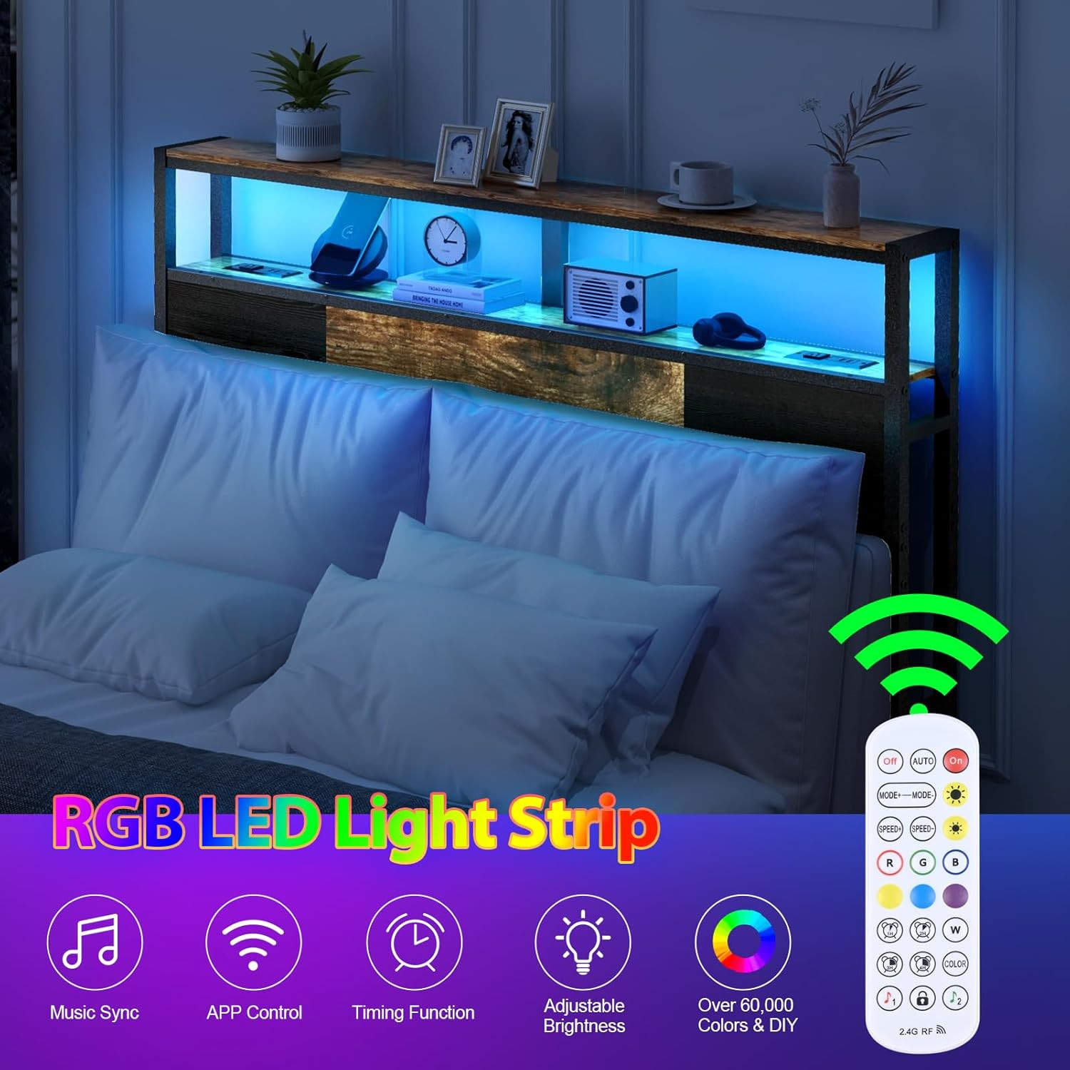 Rustic Brown Full Size Headboard with USB, LED Light & 2-Tier Storage Shelf