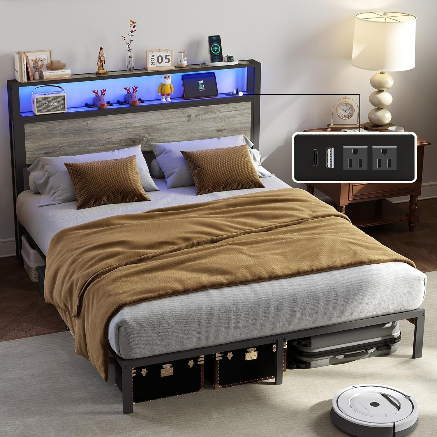 DUJAHMLAND Bed Frame Full Queen with Storage Headboard and Charging Station