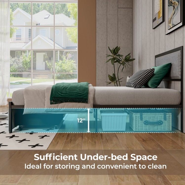 Twin Size Platform Bed Frame Headboard Upholstered w/Rolling Drawer & Metal Slat