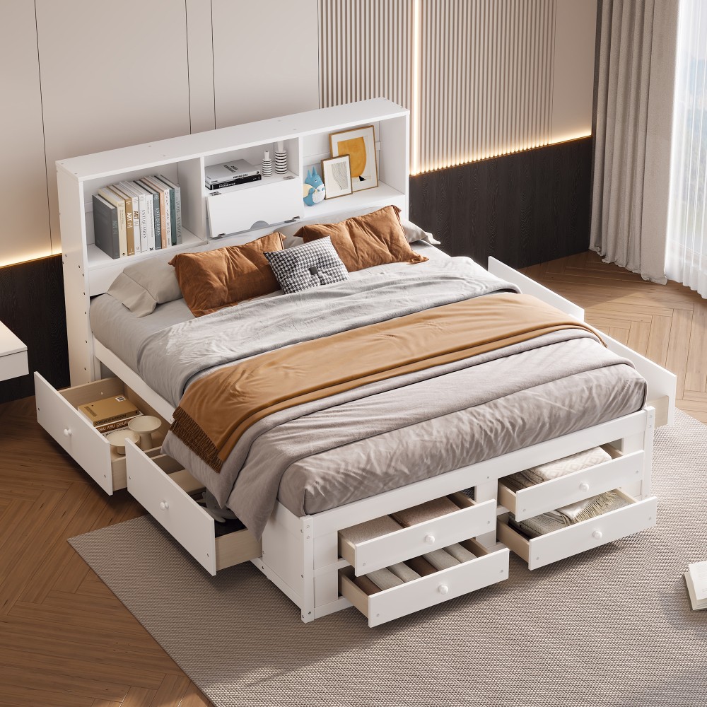 King Size Platform Bed with Storage Headboard and 8 Drawers, White / Gray