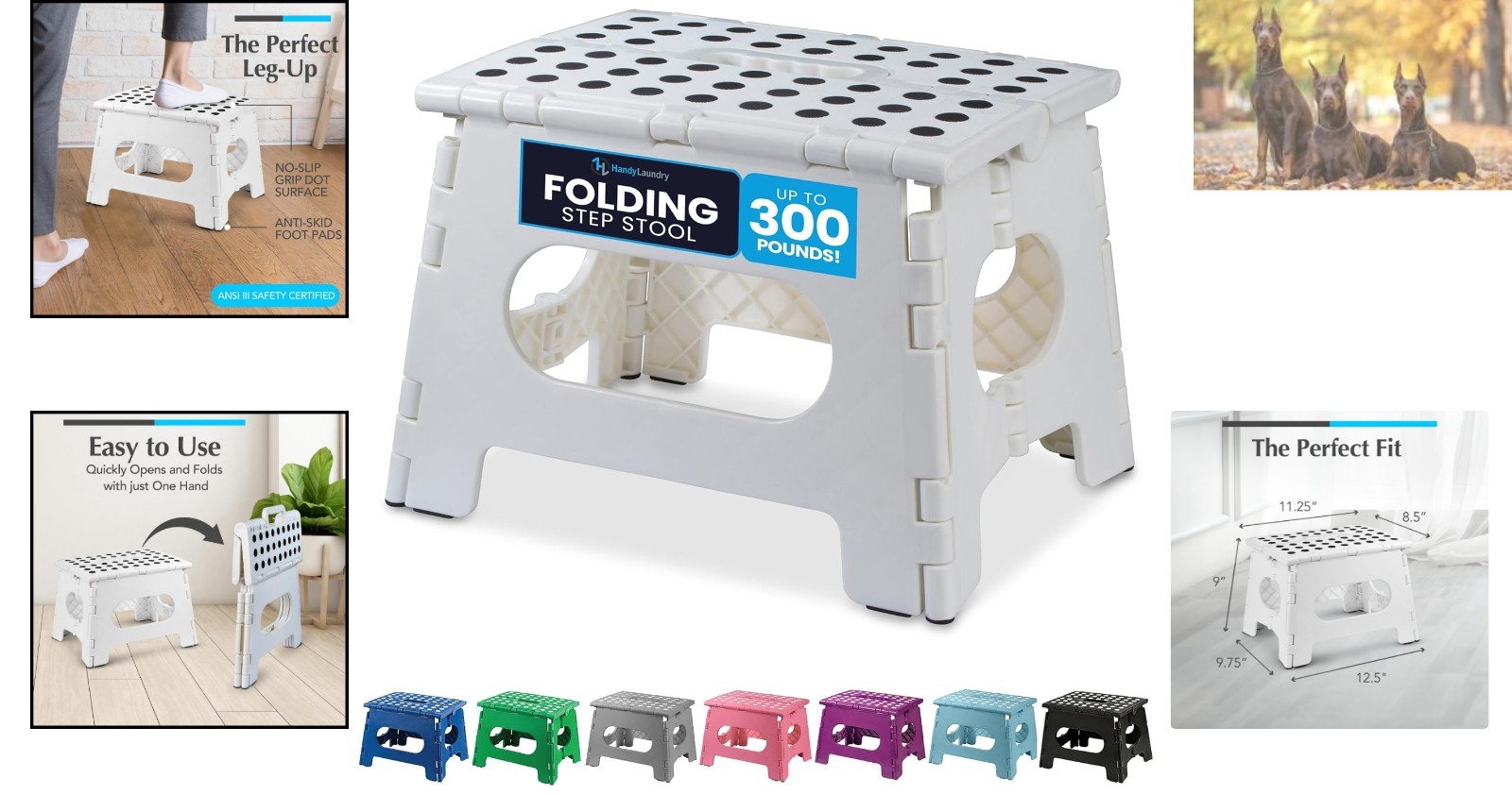 Versatile Folding Step Stool – 9″ High, 300 lb Support – Safe & Stylish White