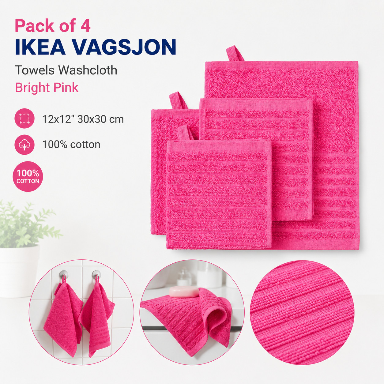 Pack of 4 IKEA VAGSJON Towels Washcloth Bright Pink 12×12″ 30×30 cm 100% cotton
