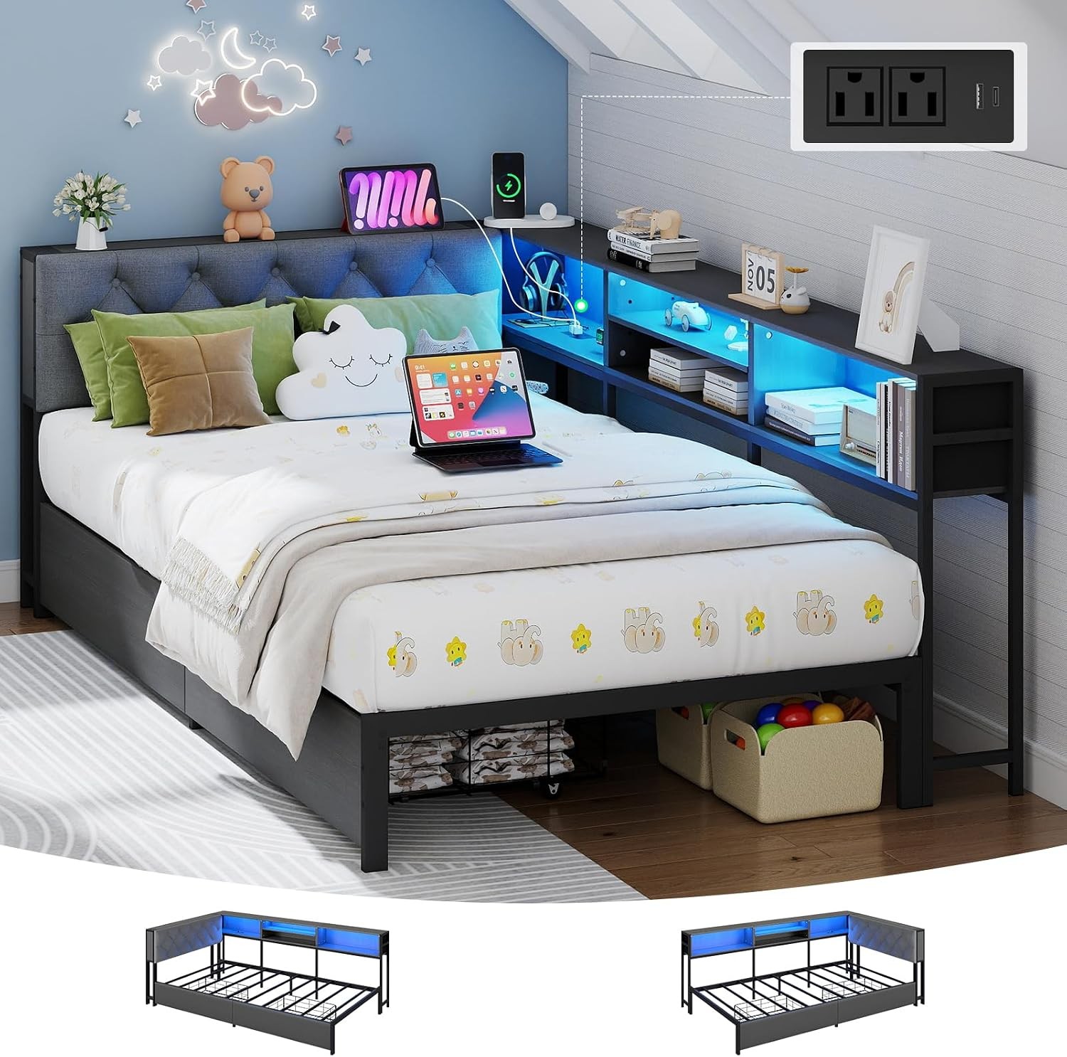 Full Size Corner Bed Frame Daybed with Led Lights,2 Drawers,Charging Station