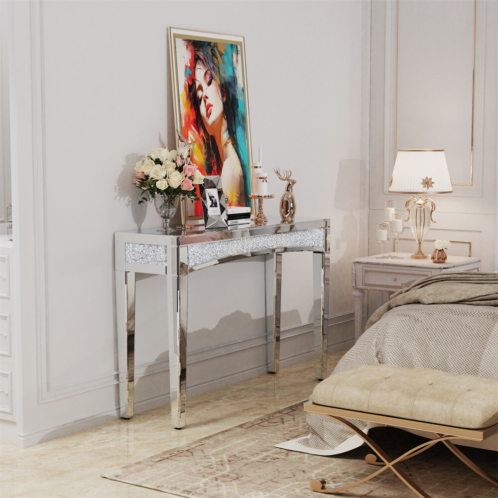 Silver Mirrored Console Table Modern Glass Entryway Table Geometric Side Table