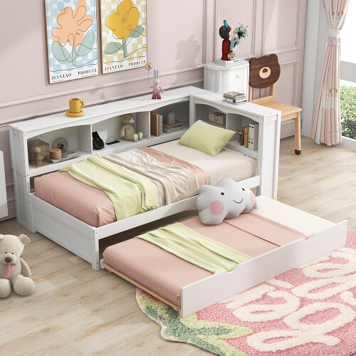 Solid Wood Daybed with Trundle Storage Bookcases Twin Size Sofa Bed Platform Bed