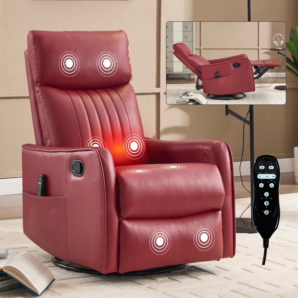 Red Faux Leather Manual Recliner Chair Massage Heat Rocker Swivel Living Room