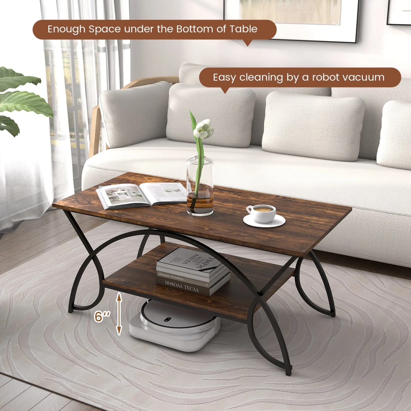 2 Tier Industrial Coffee Table Rectangular Cocktail Table Storage Shelf