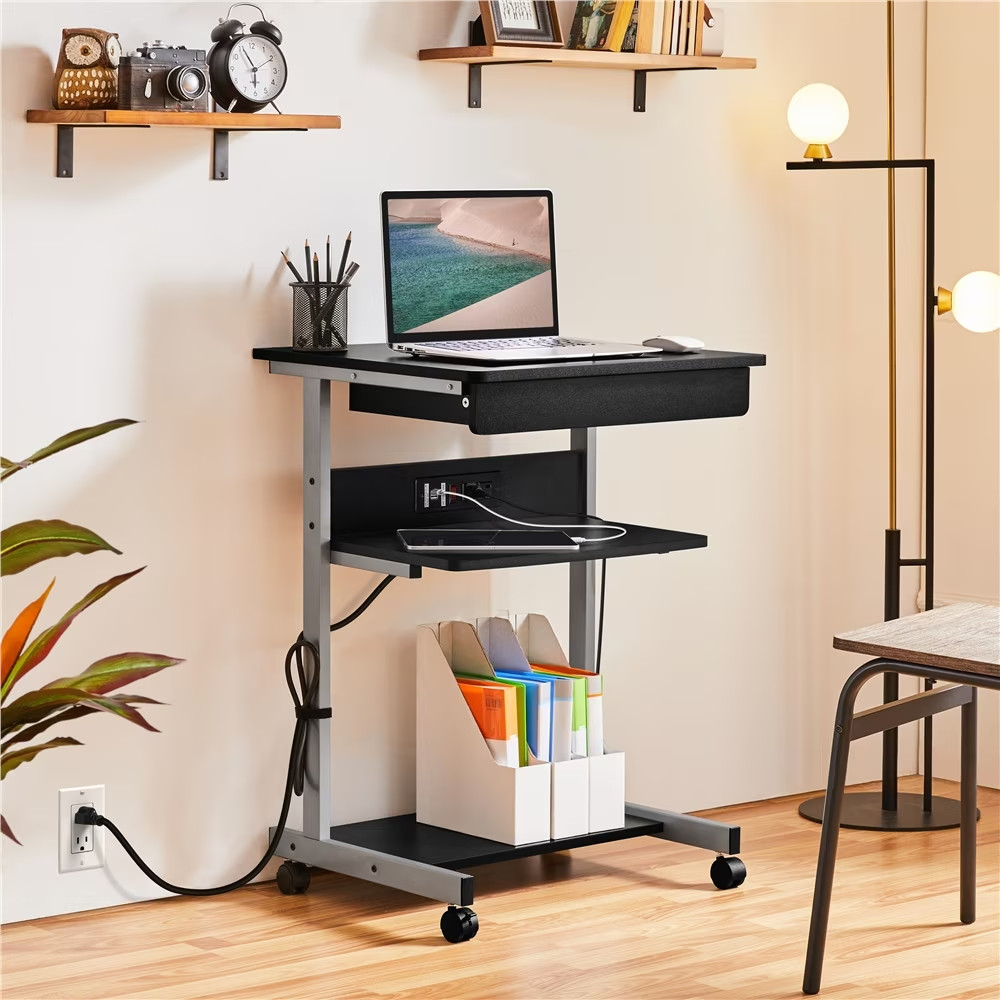 22in Rolling Laptop Computer Table with Power Outlet for Home, Black