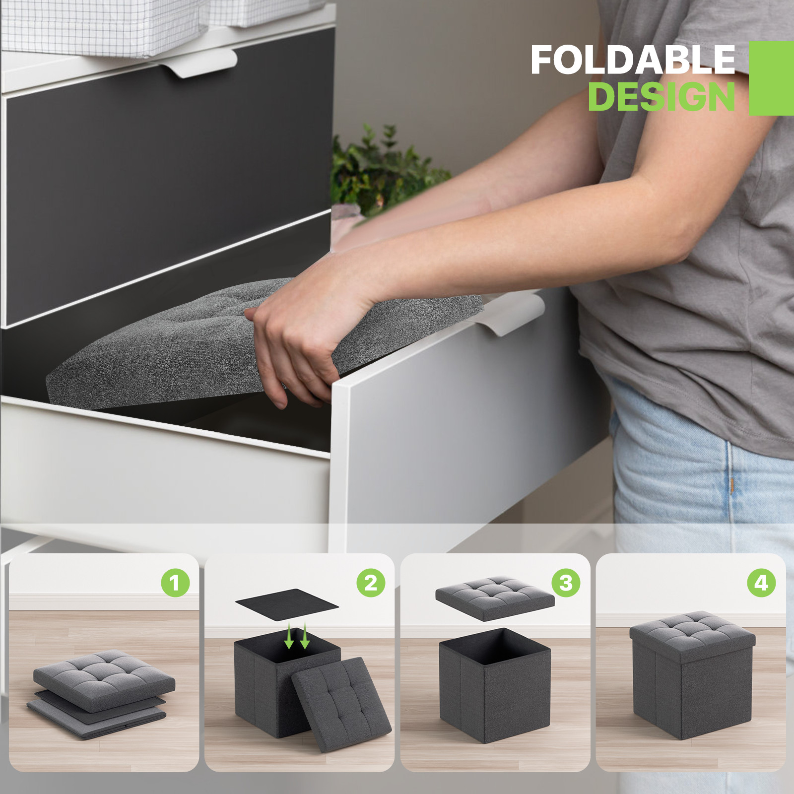 15 in Dark Gray Foldable Storage Ottoman Foot Stool Bench Chest w/Flipping Lid