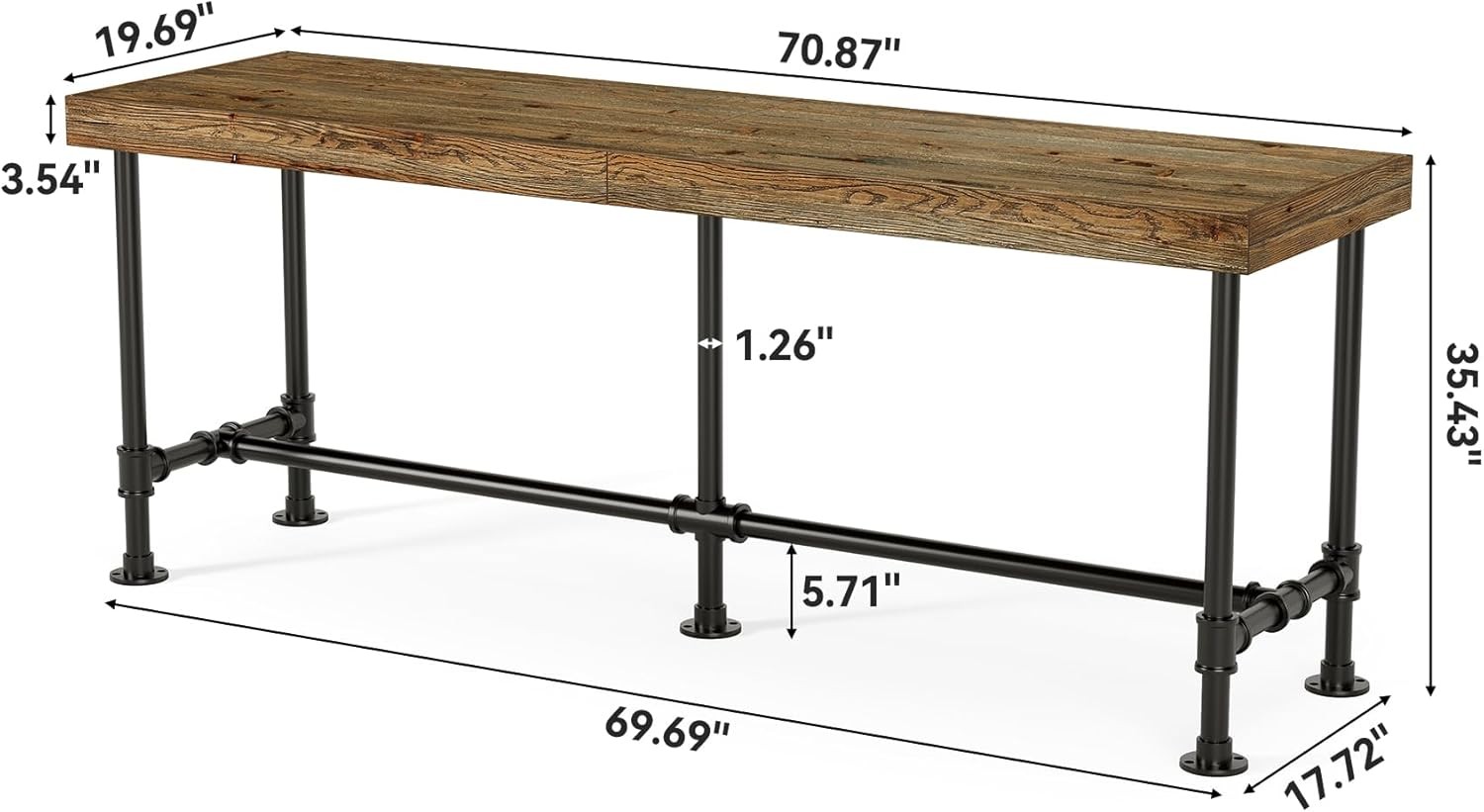 70.9” Solid Wood Bar Table Industrial Narrow High Top Bar Unit for 6-8 People