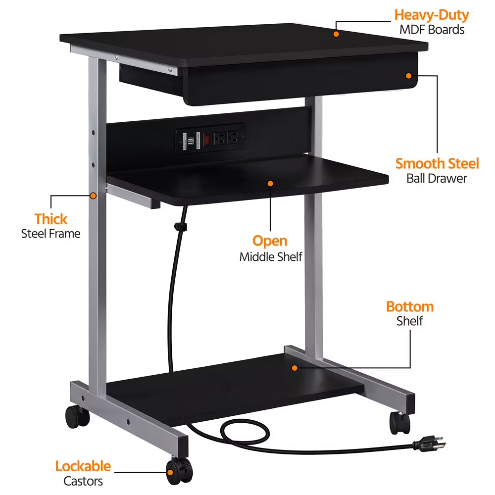 22in Rolling Laptop Computer Table with Power Outlet for Home, Black