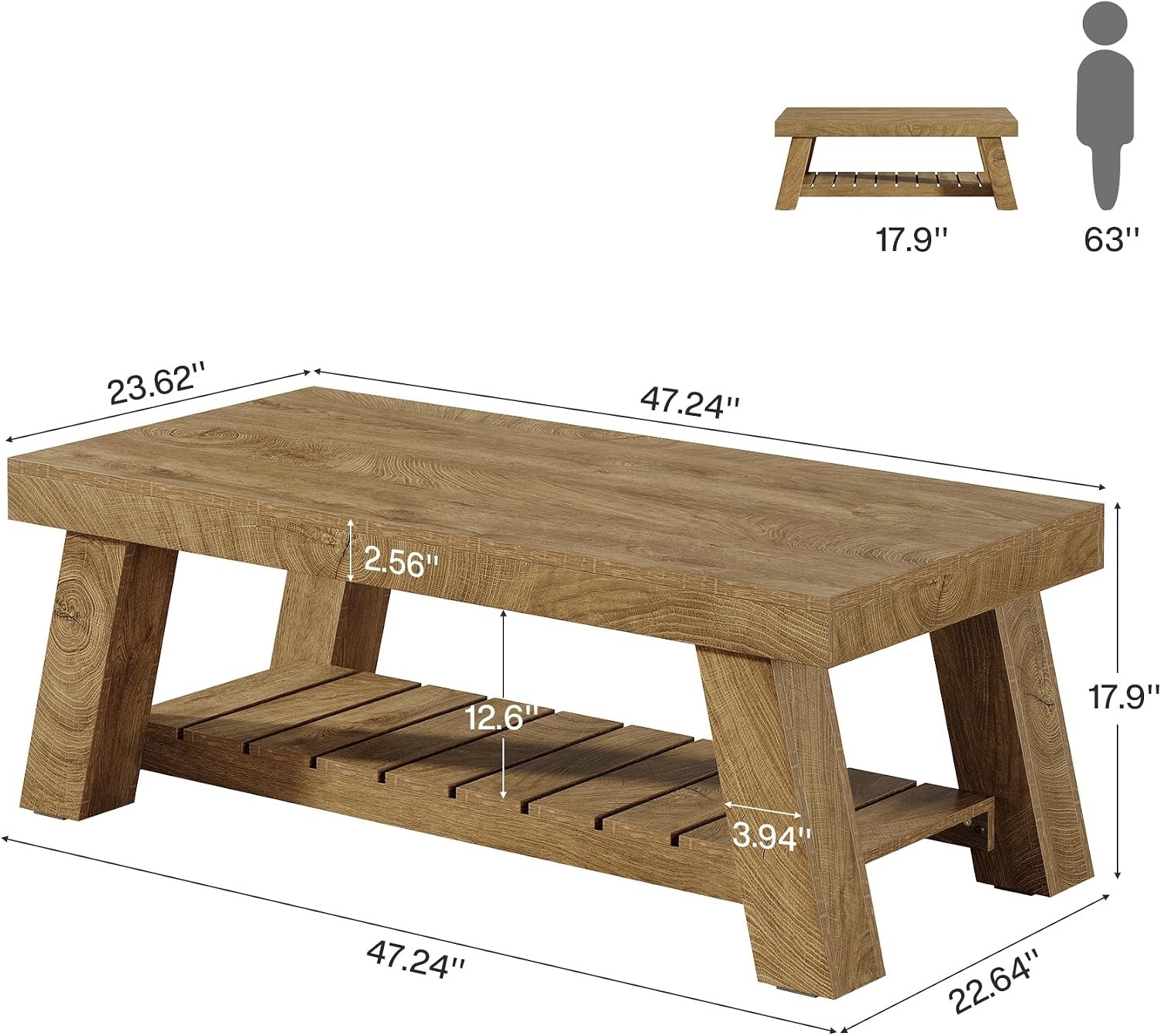 47.24” Modern Coffee Table Rectangular Center Tea Table with Storage Shelves