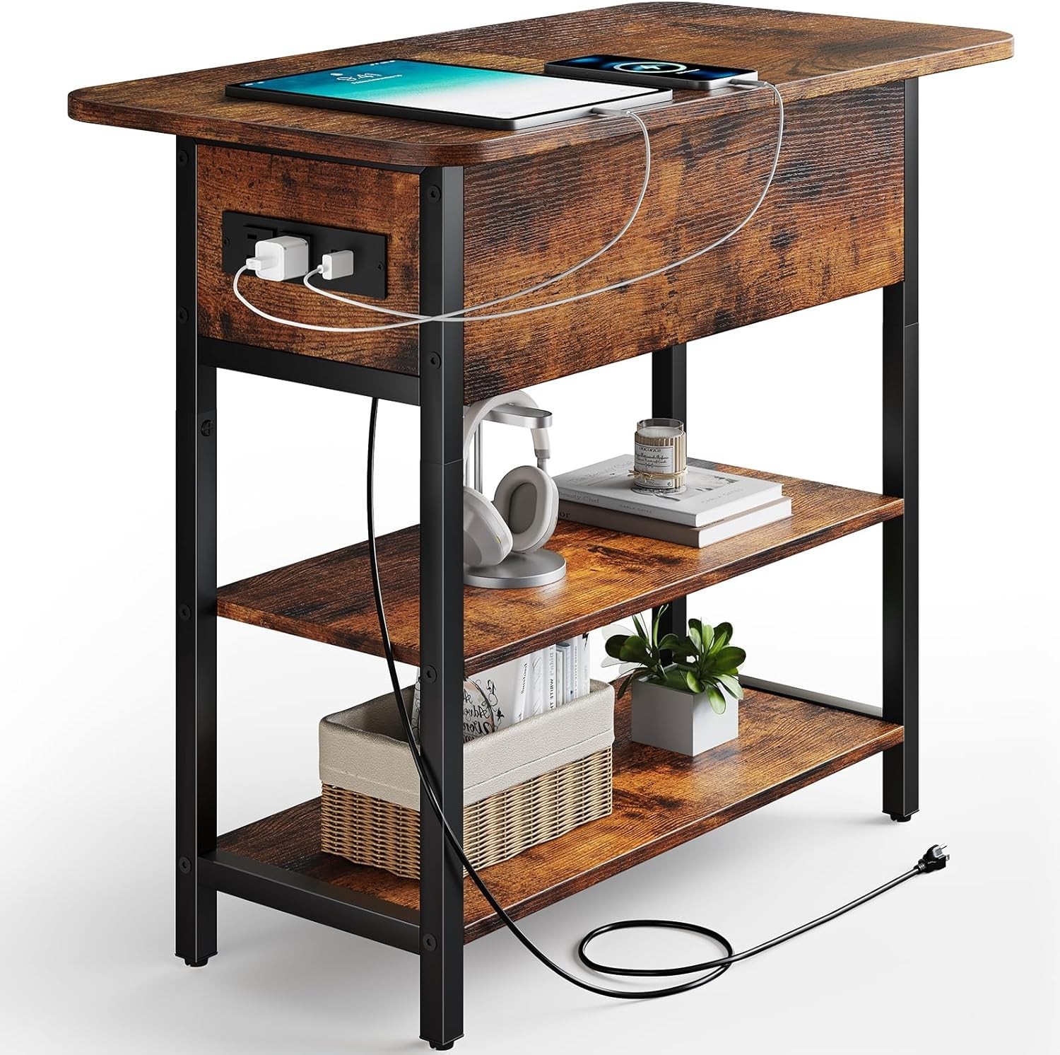 Versatile Berry Brown Side Table with USB & AC Outlets – Essential for Any Room