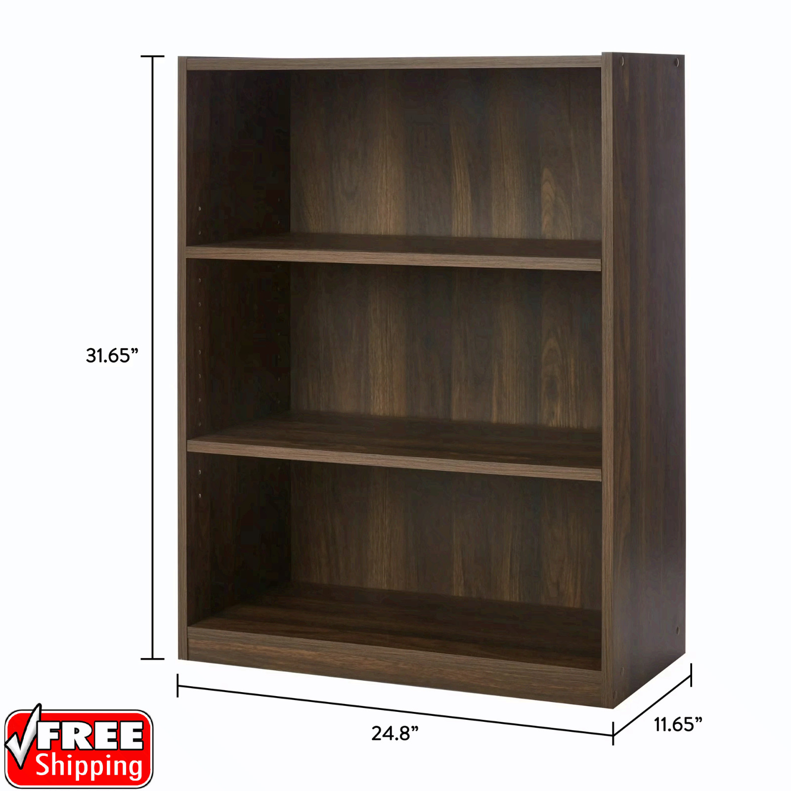 3 Shelf Wood Bookcase Wide Storage Display Bookshelf Adjustable Shelving Canyon