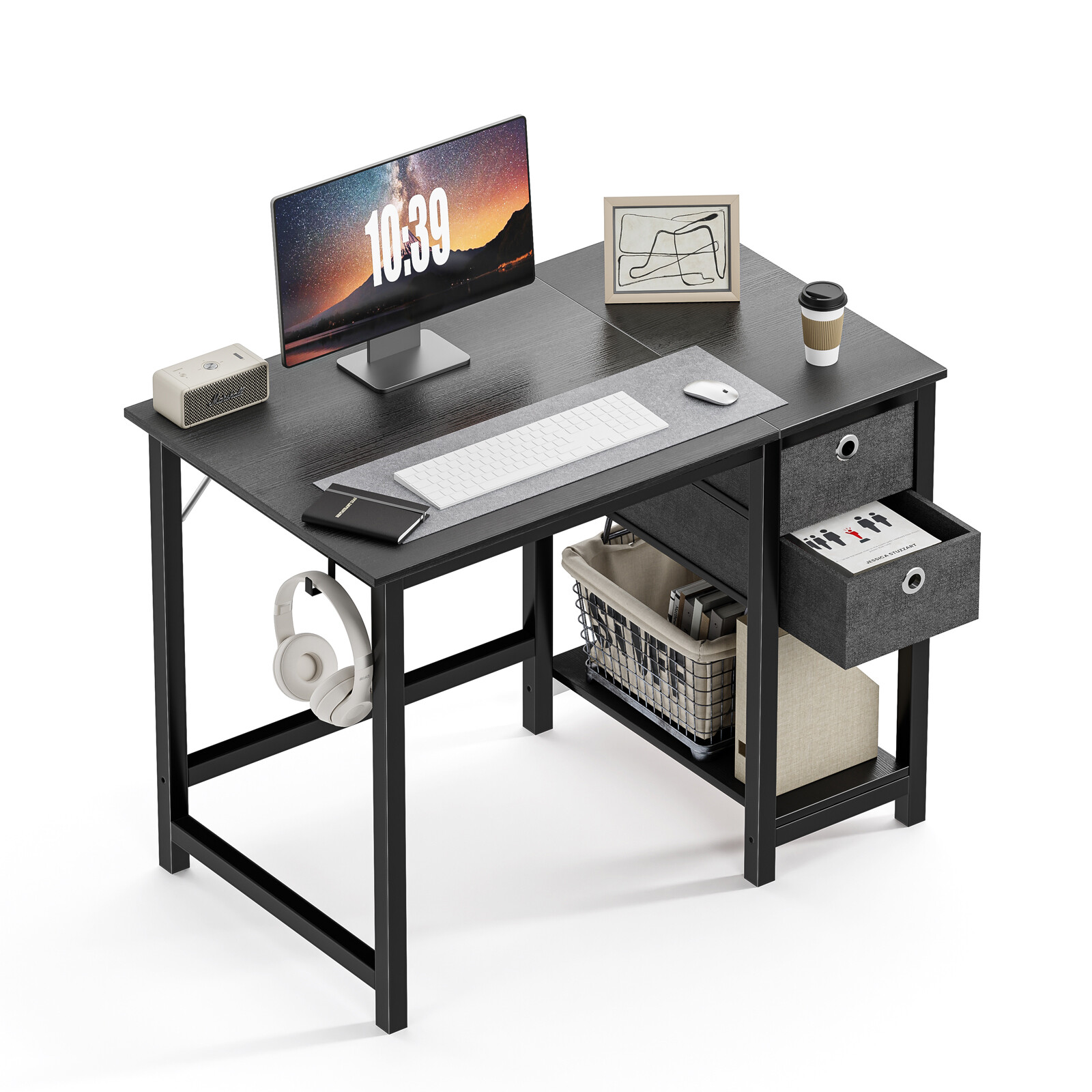 Home Office Computer Desk with 2 Storage Drawers, Hooks, PC Stand – 40″/47″ Size