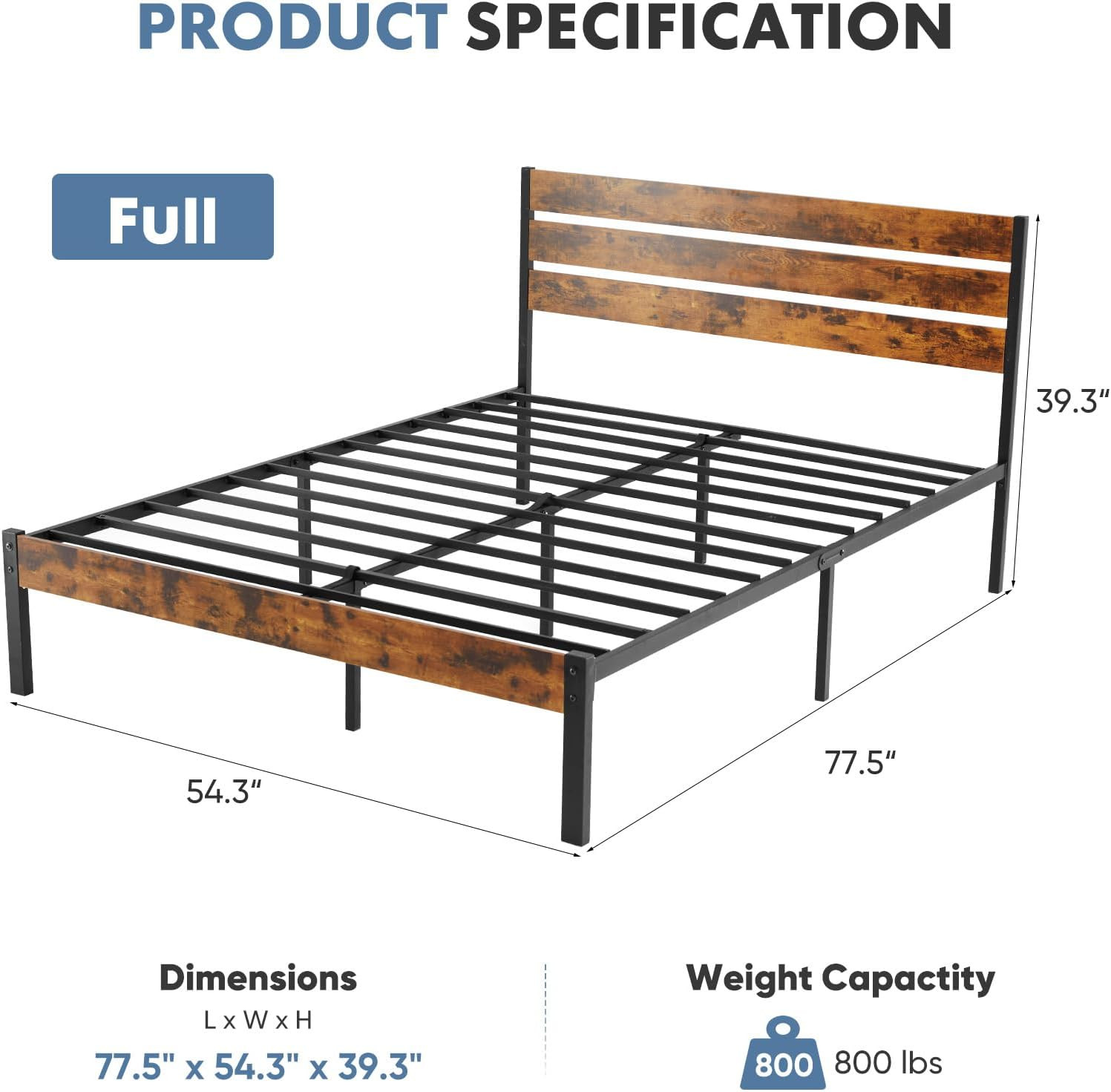 Full Size Bed Frame with Headboard, 800LBS Mattress Foundation with All Sturdy M