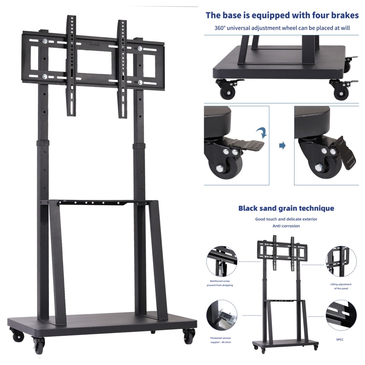 Adjustable Mobile TV Stand Mount Universal Flat Screen Rolling TV Cart 32-80″