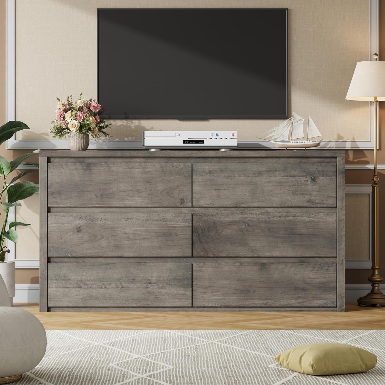 Wooden 6 Drawer Freestanding Dresser,Wide Chest of Drawers for Bedroom Organizer