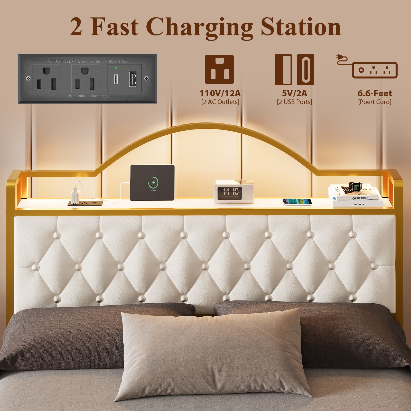 Upholstereded Bed Frame with 2 Storage Drawers, LED Lights,With Charging Station