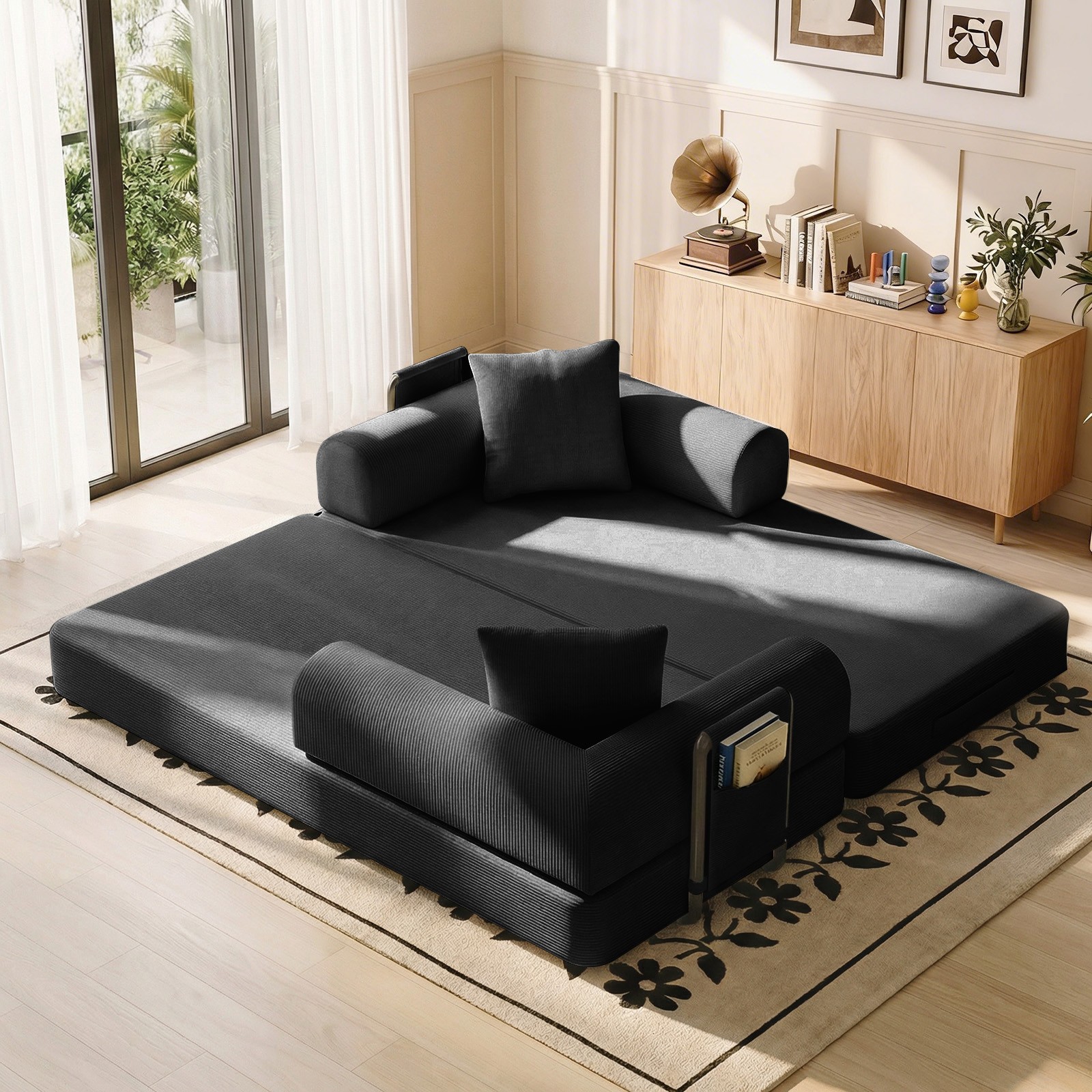 80in Folding Sleeper Sofa Bed Daybed Corduroy w/ Pillows & Side Pockets Washable