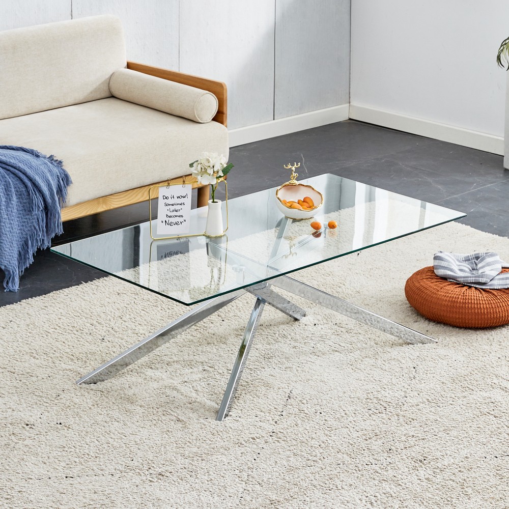 39.3″ Rectangular Clear Tempered Glass Coffee Table,Living Room Tea Table Silver