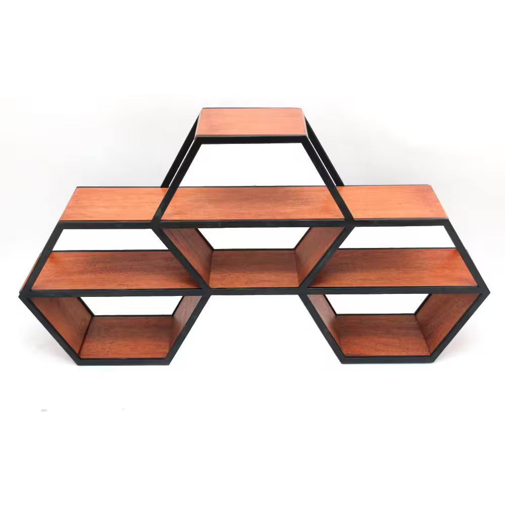 18 In. H X 33 In. W X 6 In. D Hexagonal Wood and Metal Floating Shelf