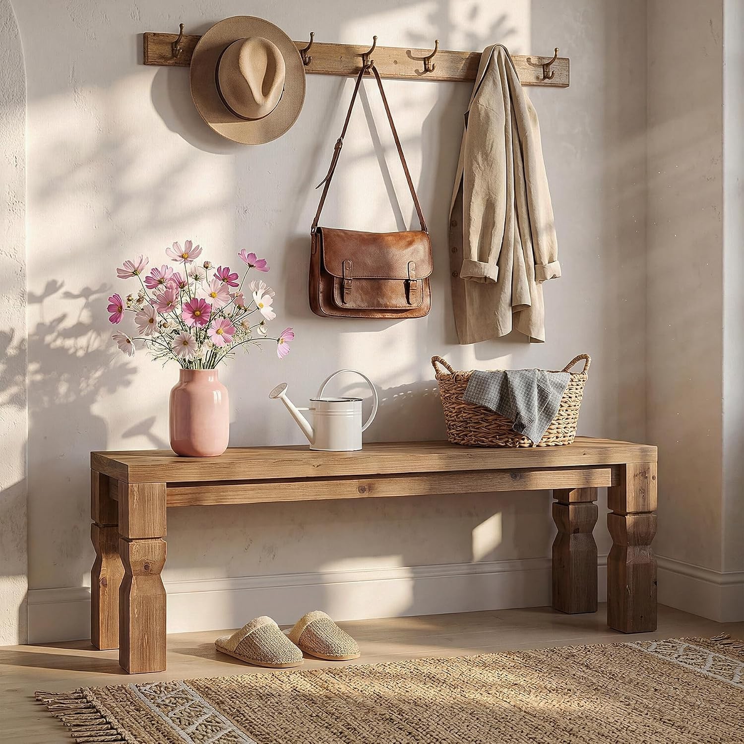 Indoor Solid Wood Bench 55-Inch Long Farmhouse Wooden Bench Seat for Entryway