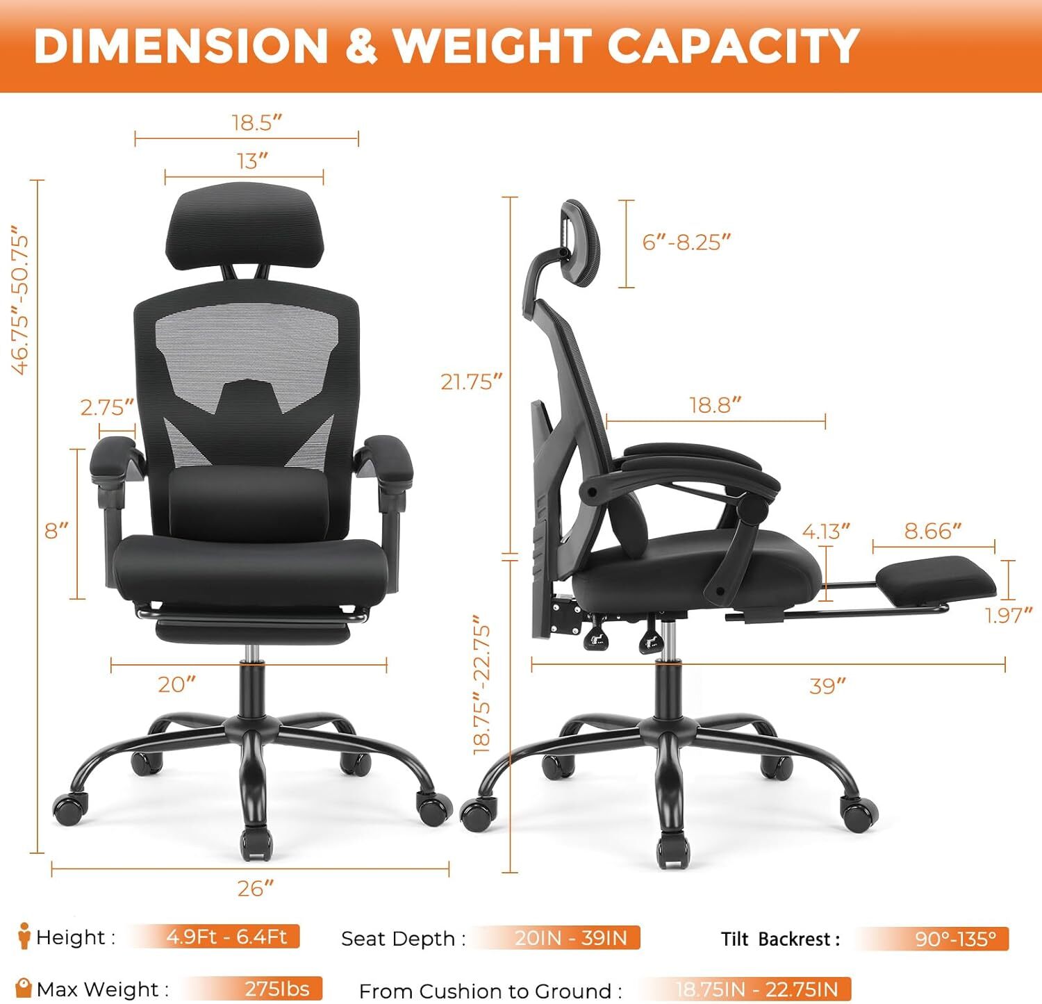 High-Back Mesh Office Chair with Headrest,Footrest and Lumbar Pillow Support