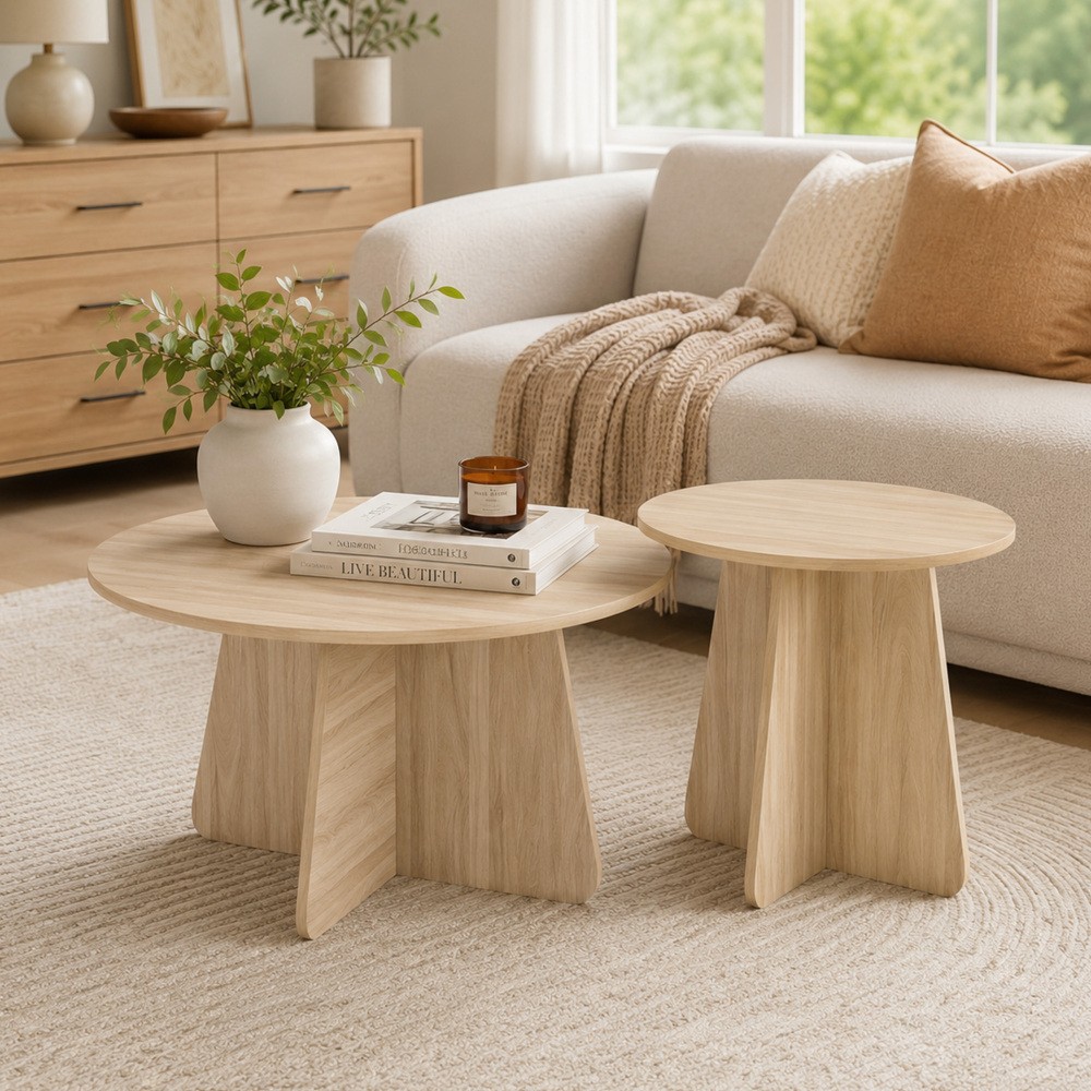 Nesting Coffee Table Set Round MDF Wood Grain Walnut Natural
