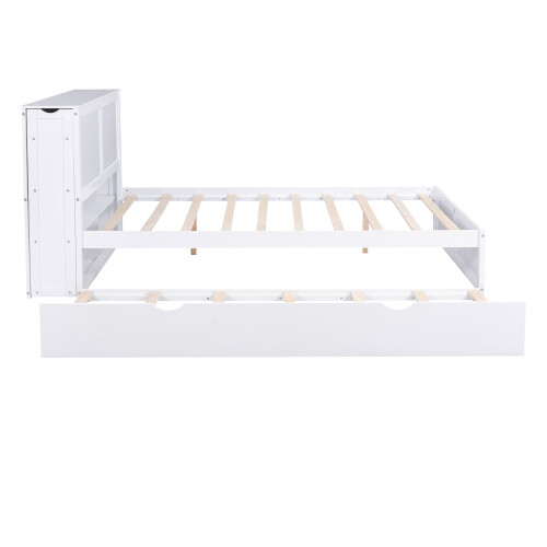 Full Queen Size Bed Frames Daybed with Turndle & Pull Out Shelves Solid Wood Bed