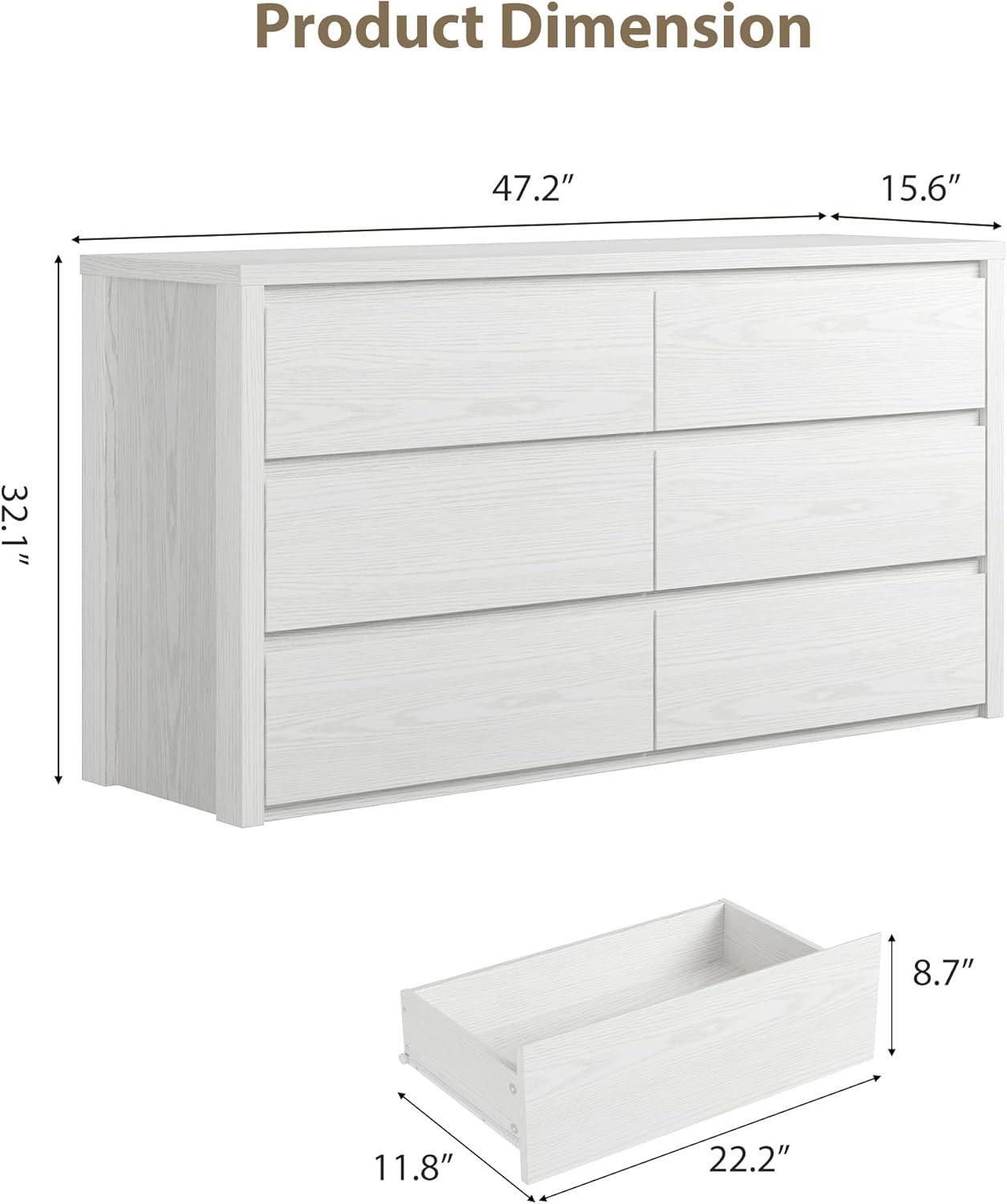 Wooden 6 Drawer Freestanding Dresser,Wide Chest of Drawers for Bedroom Organizer