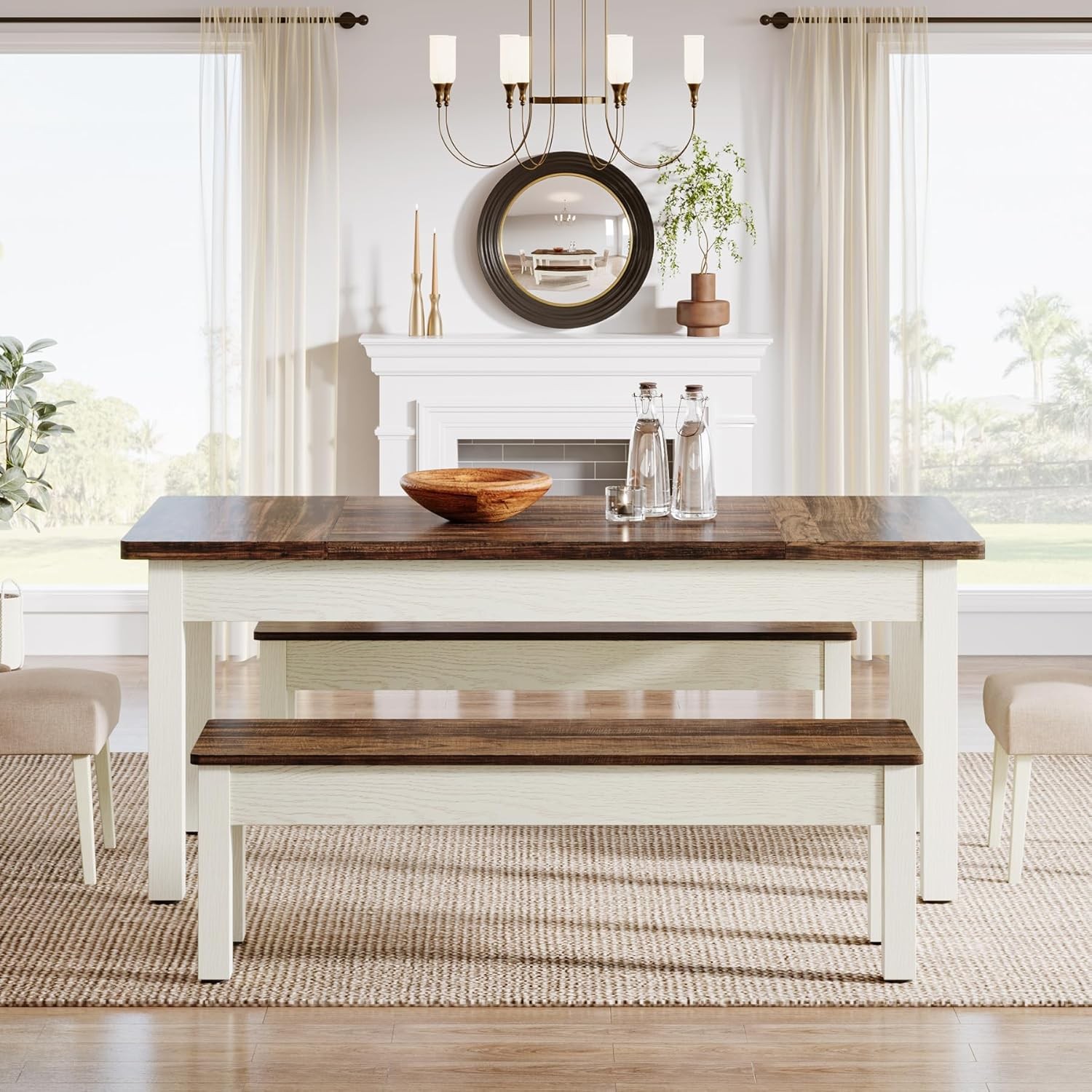 Farmhouse Dining Table Set, 55” Wood Kitchen Table with 2 Benches for 4-6