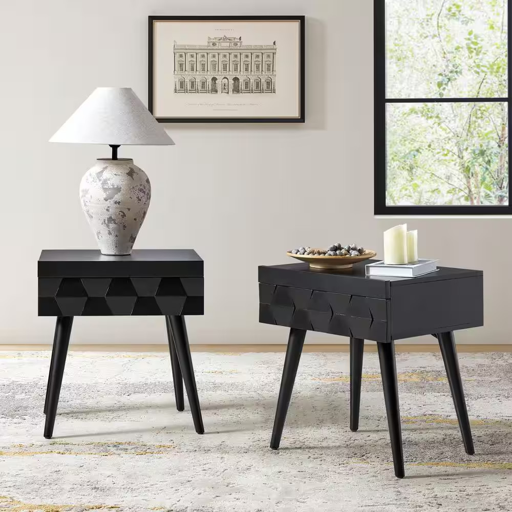 Edelmira 22 in Black MDF Hexagon End Table with Charging Station Set of 2