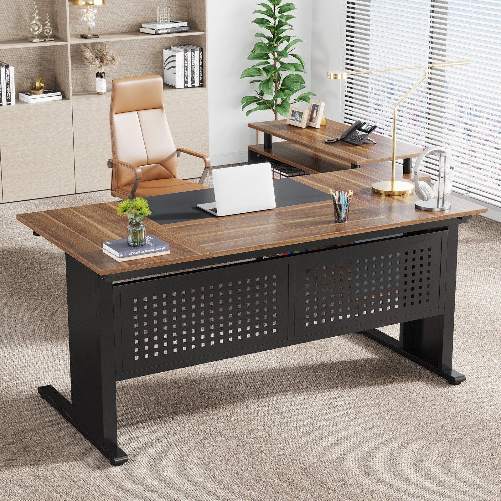 63″ L-Shaped Executive Desk w/ File Cabinet Drawers Industrial Rustic Brown