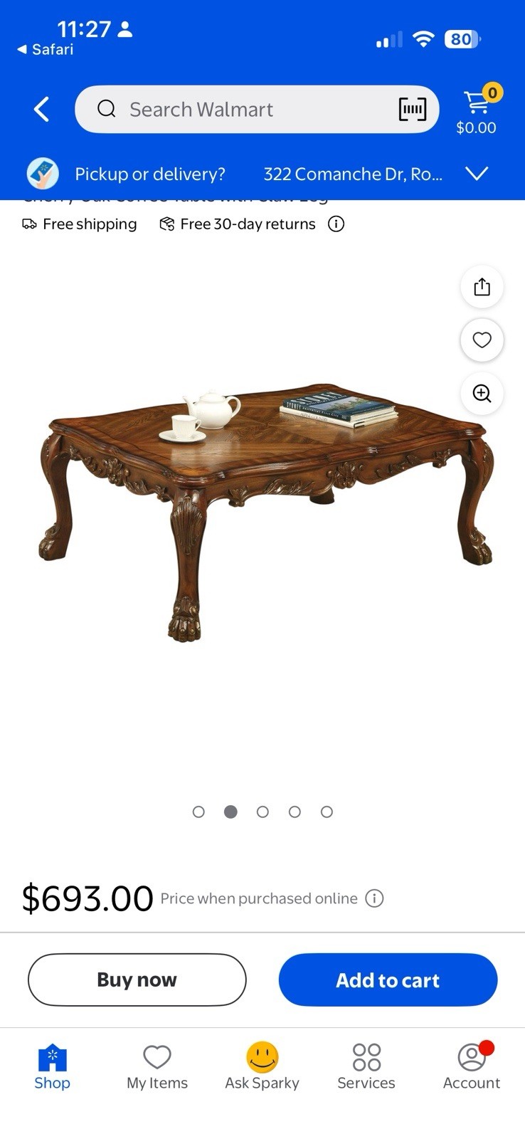 Traditional Brown Wood Grain Rectangular Coffee Table w/ Ornate Carved Claw Feet
