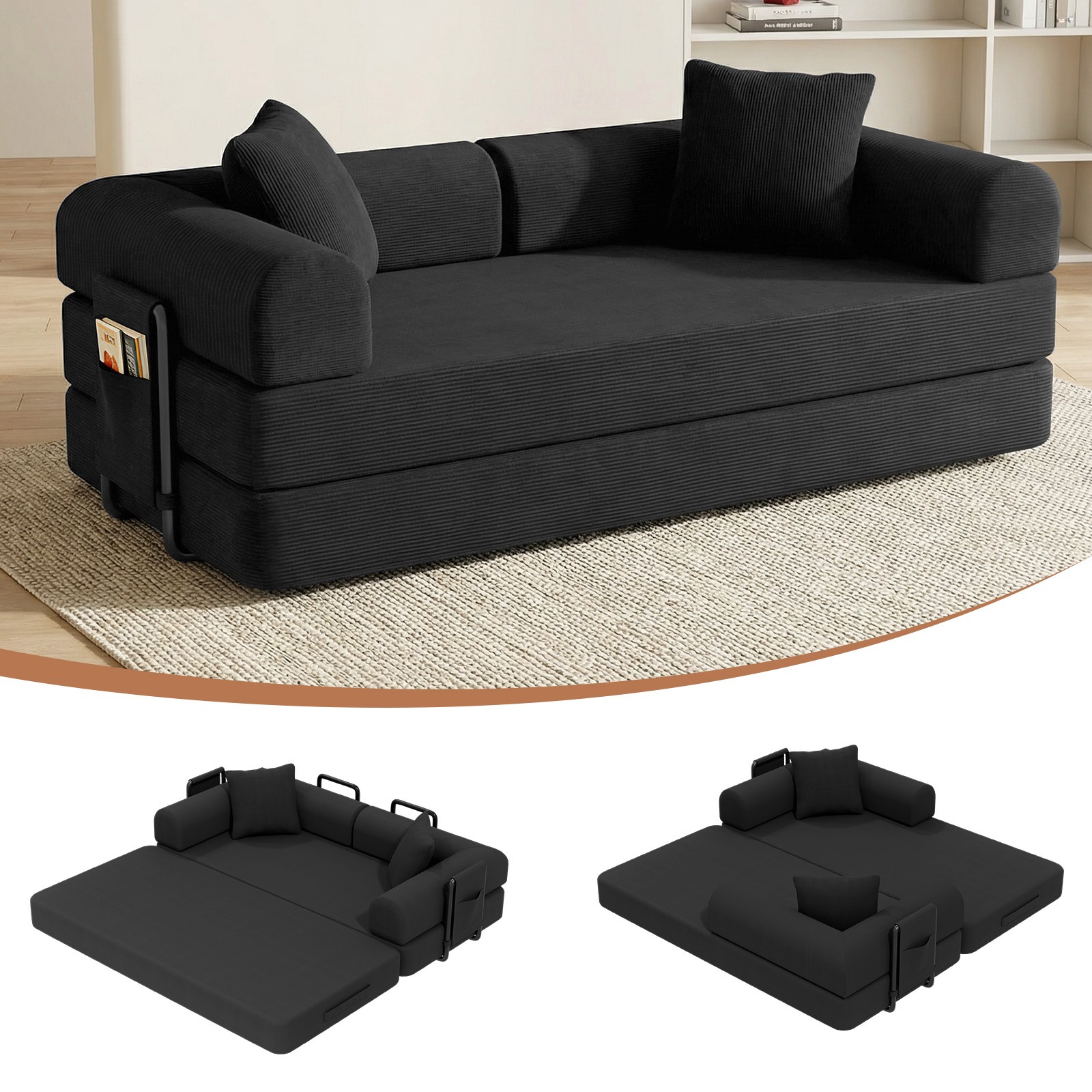 80in Folding Sleeper Sofa Bed Daybed Corduroy w/ Pillows & Side Pockets Washable