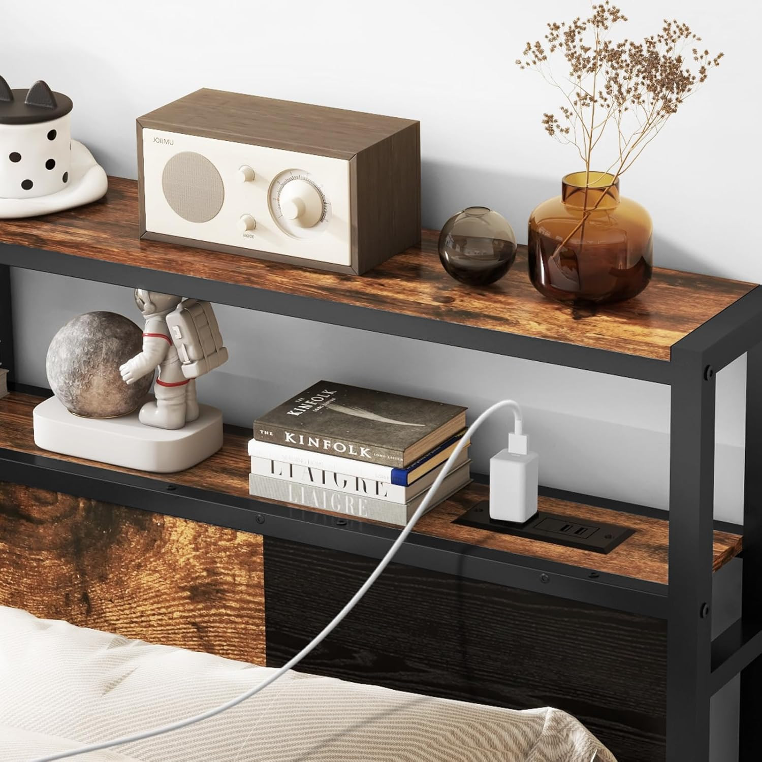 Rustic Brown Full Size Headboard with USB, LED Light & 2-Tier Storage Shelf